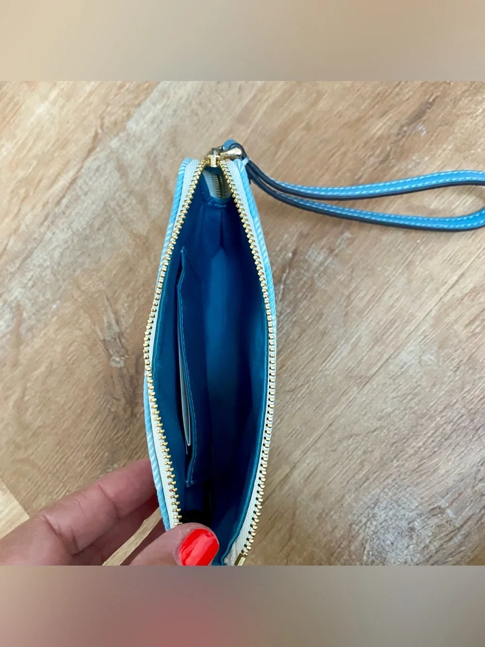 Coach Light Blue and White Gingham Wristlet with Cherry Charm